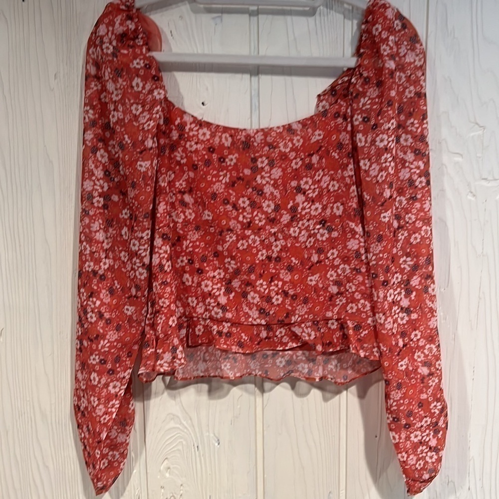 Lulus Ruffle Top with Sheer Sleeves, Size M - Picture 8 of 12